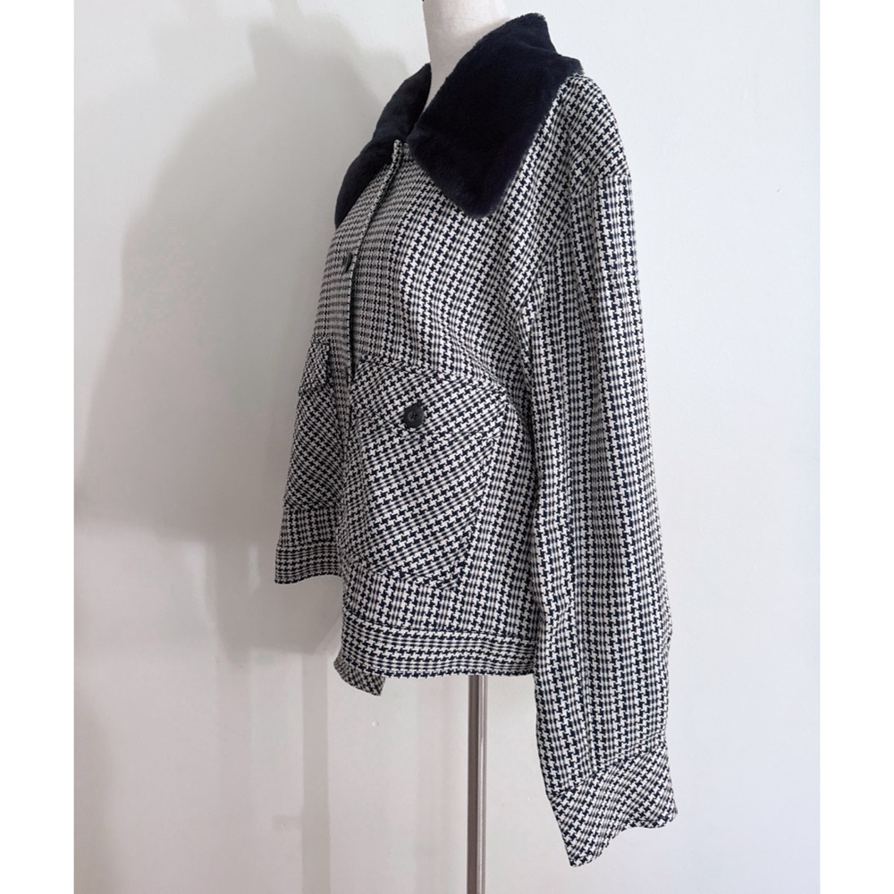 EUC Anthropologie Maeve Tweed Blue Faux Fur-Collar Herringbone Jacket Large - Picture 6 of 10
